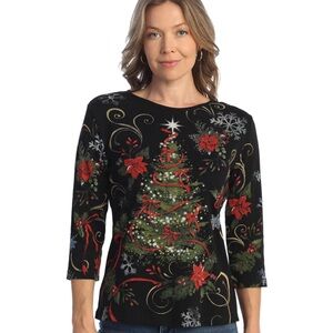 🌲 Jess & Jane Evergreen Christmas Tree Black Holiday Long Sleeve Top 🌲